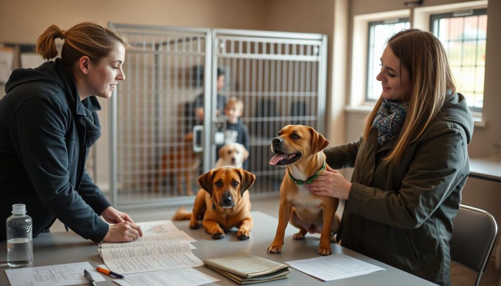 Proces adopcji psa w Fundacji Marchewkowy Pies - wolontariusz z przyszłym właścicielem